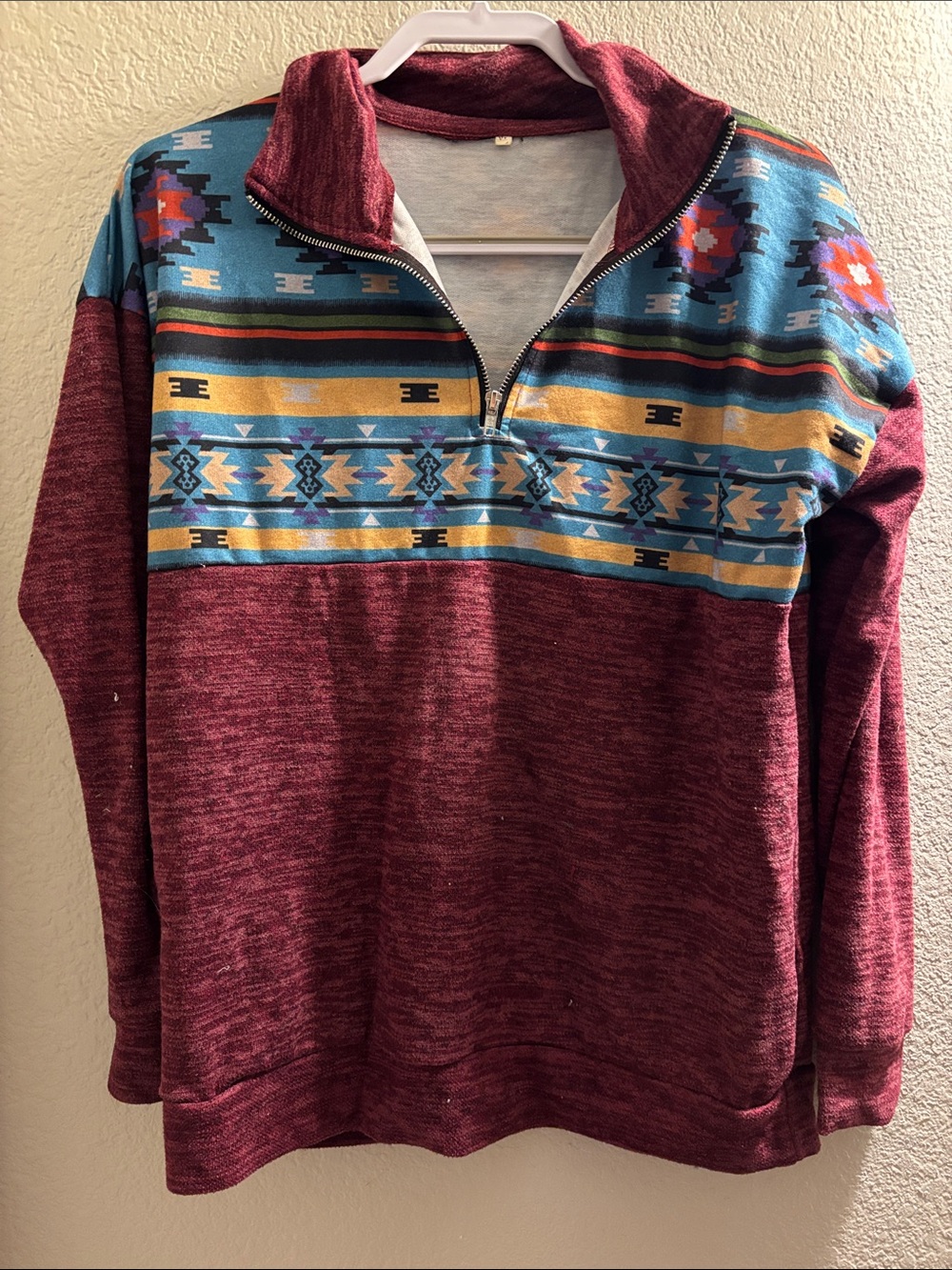 Maroon Aztec-Panel Quarter-Zip Pullover Sweater - Women